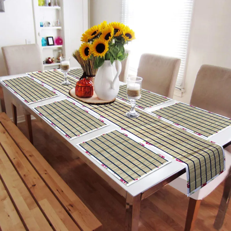 HomeStorie® Natural Handmade River Grass Set of 6 Heat Resistant Dining Table Mats with Runner, Beige