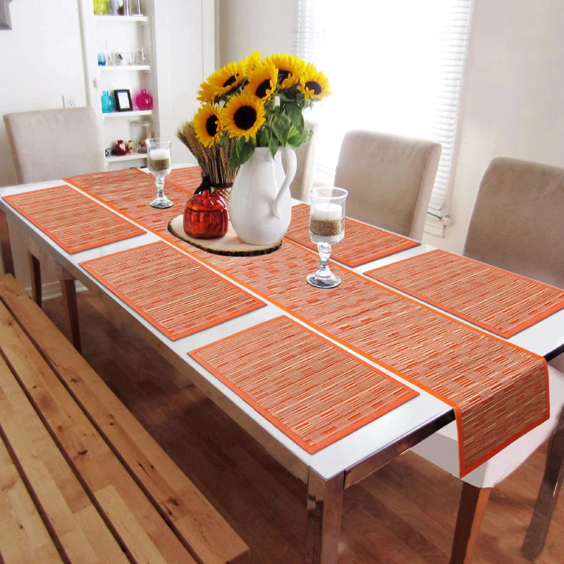 HomeStorie® Natural Handmade River Grass Set of 6 Heat Resistant Dining Table Mats with Runner, Orange