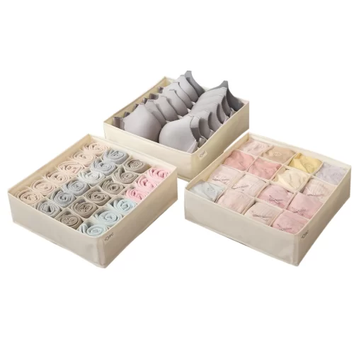Fabric Undergarment Organizer Storage Box for Drawers Bra Panty Socks Tie Lingerie Organizer for Wardrobe, Pack of 3, Beige