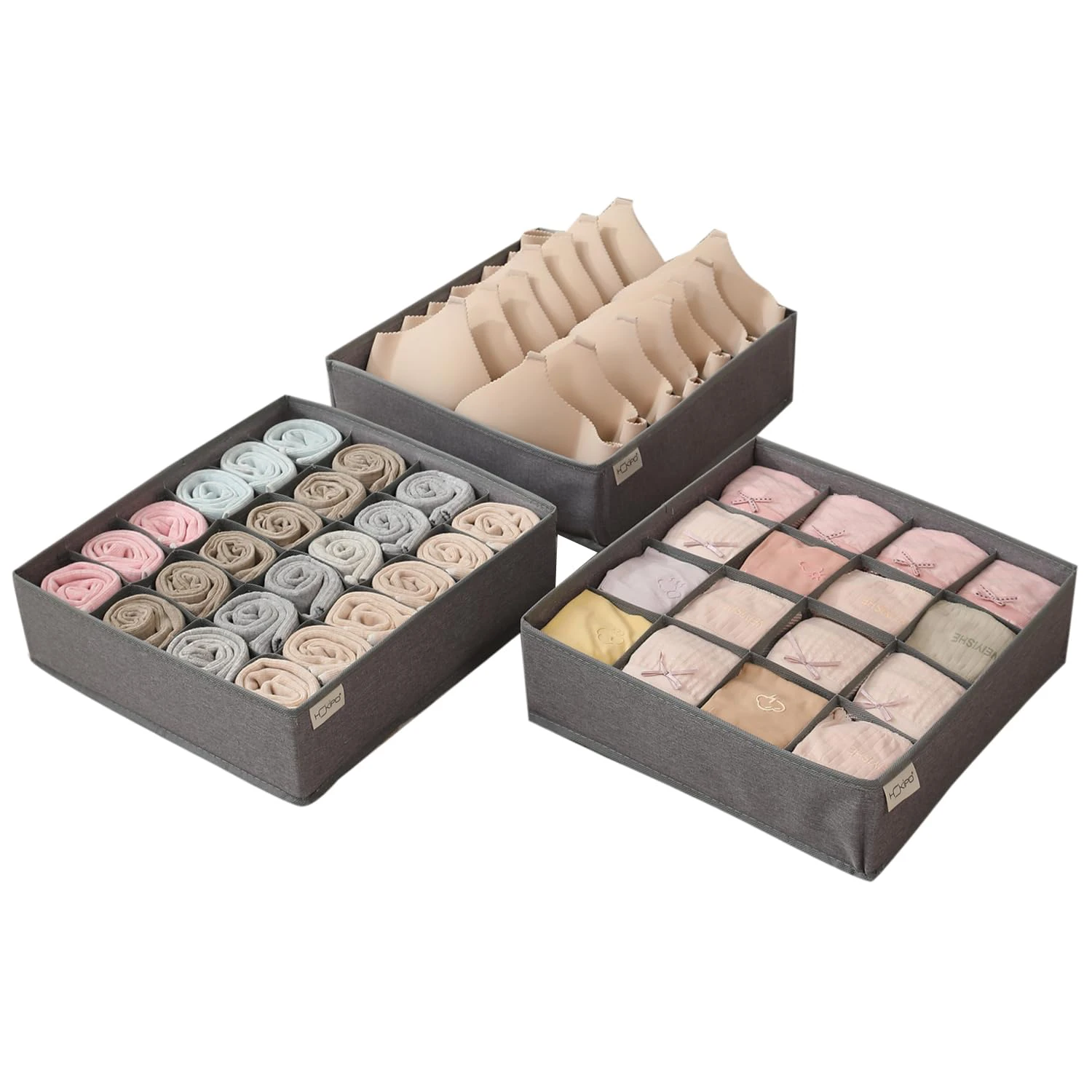 Fabric Undergarment Organizer Storage Box for Drawers Bra Panty Socks Tie Lingerie Organizer for Wardrobe, Pack of 3, Grey