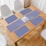 New Cotton Ribbed Washable 4 Table Mats with Runner, Stripped Blue