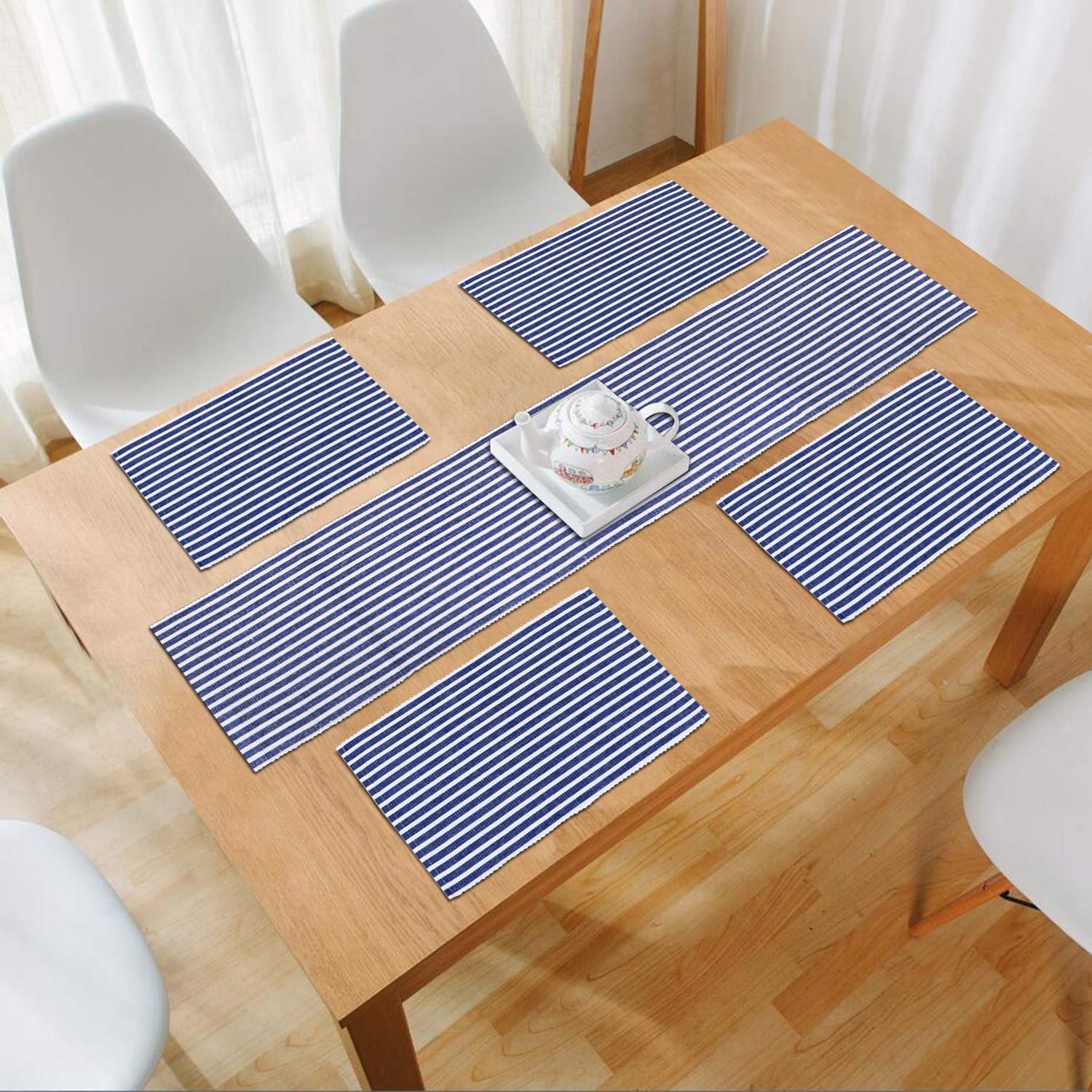 New Cotton Ribbed Washable 4 Table Mats with Runner, Stripped Blue