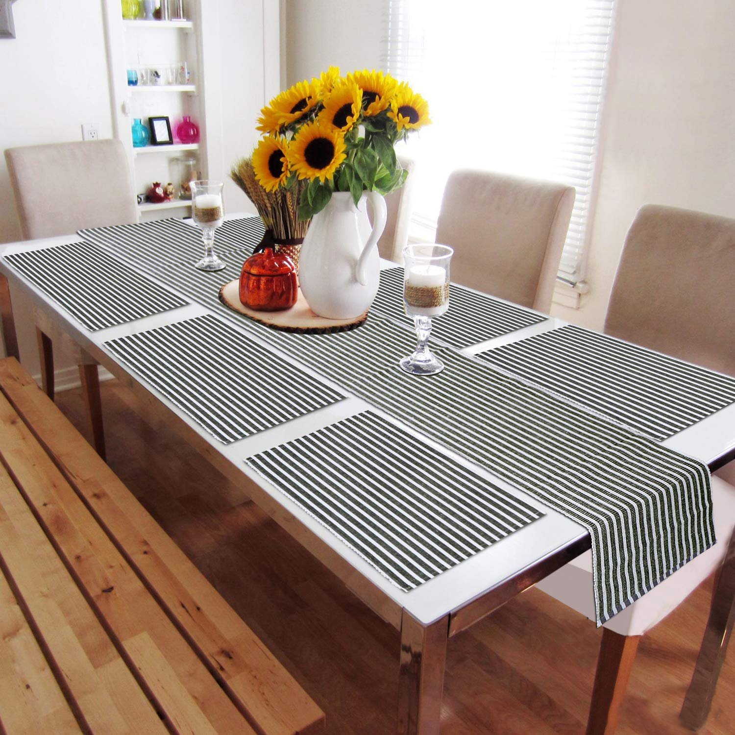 New Cotton Ribbed Washable 6 Table Mats with Runner, Stripped Grey