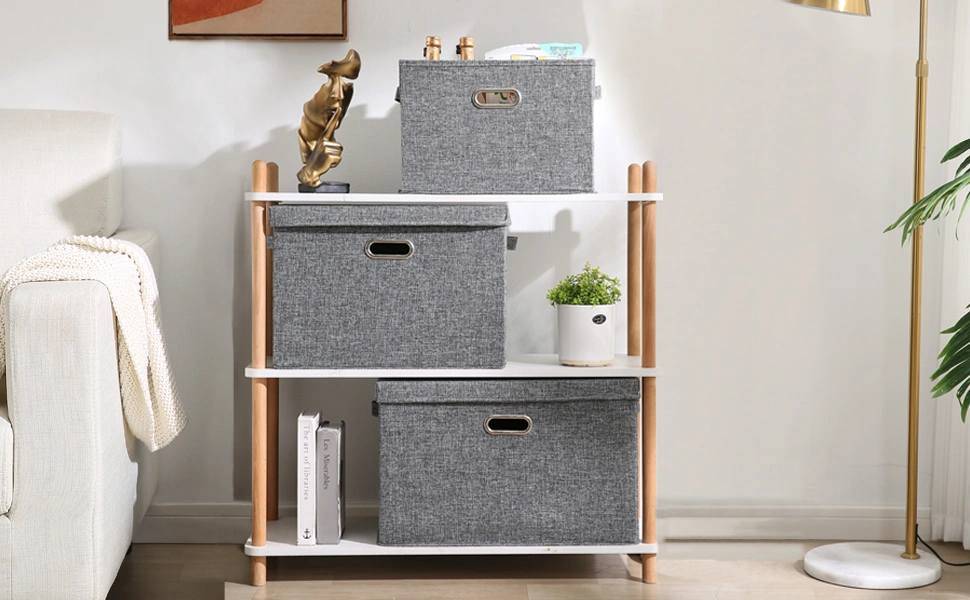 Exclusive Multipurpose Storage Bins with Lid for Cupboard, Home and Office, Grey, Medium, Pack of 2