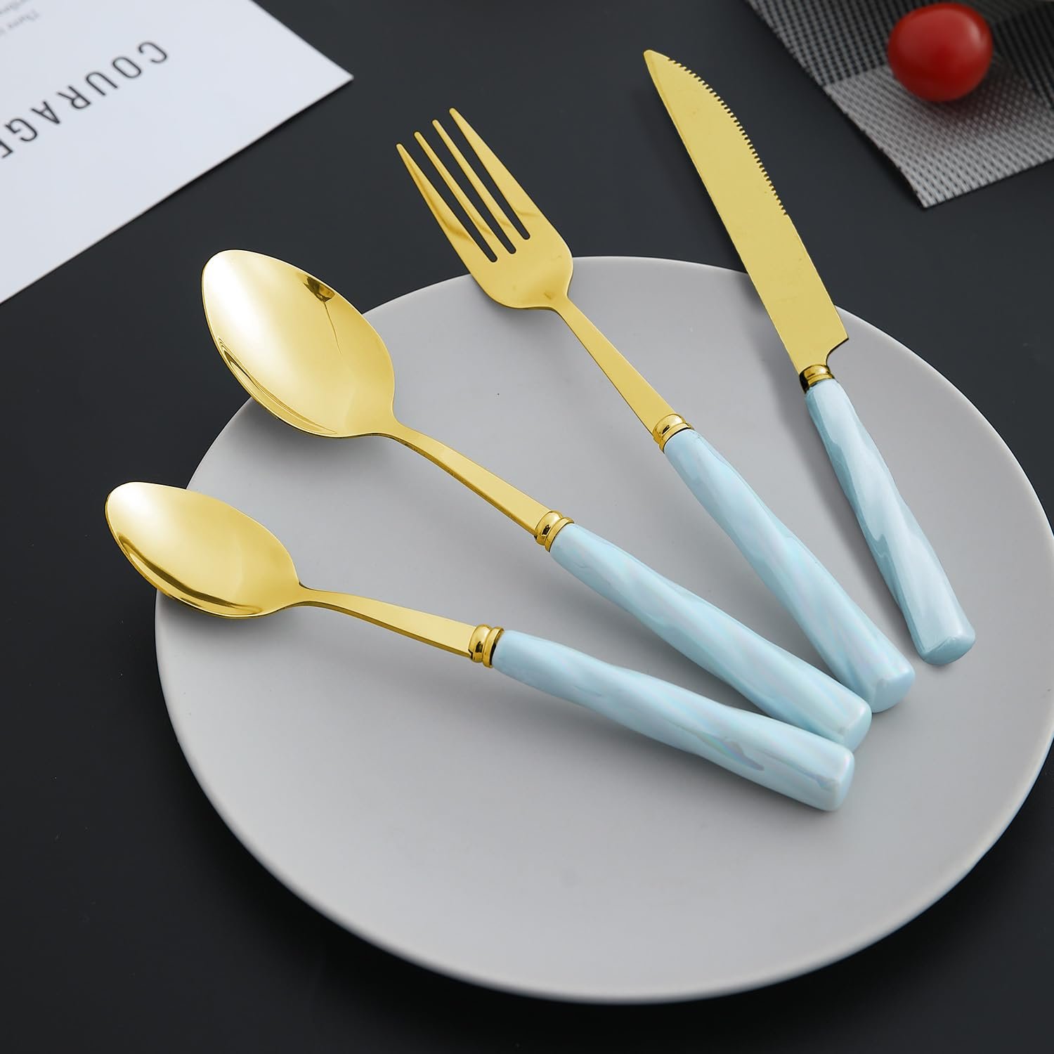 New Luxurious Ceramic 24Pcs Gold Premium Cutlery Set of 6 Spoons, 6 Knives, 6 Fork and 6 Tea Spoons, Blue