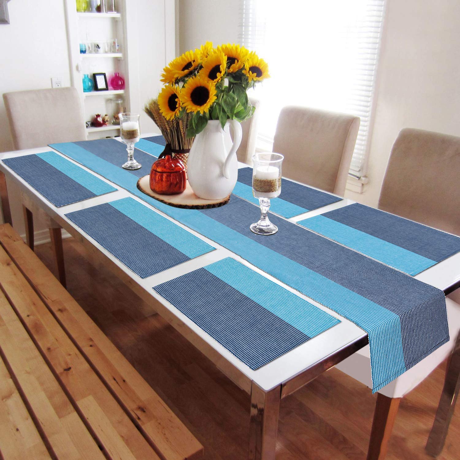 New Cotton Ribbed Washable 6 Table Mats with Runner, Sky Blue New Cotton Ribbed Washable 6 Table Mats with Runner, Sky Blue
