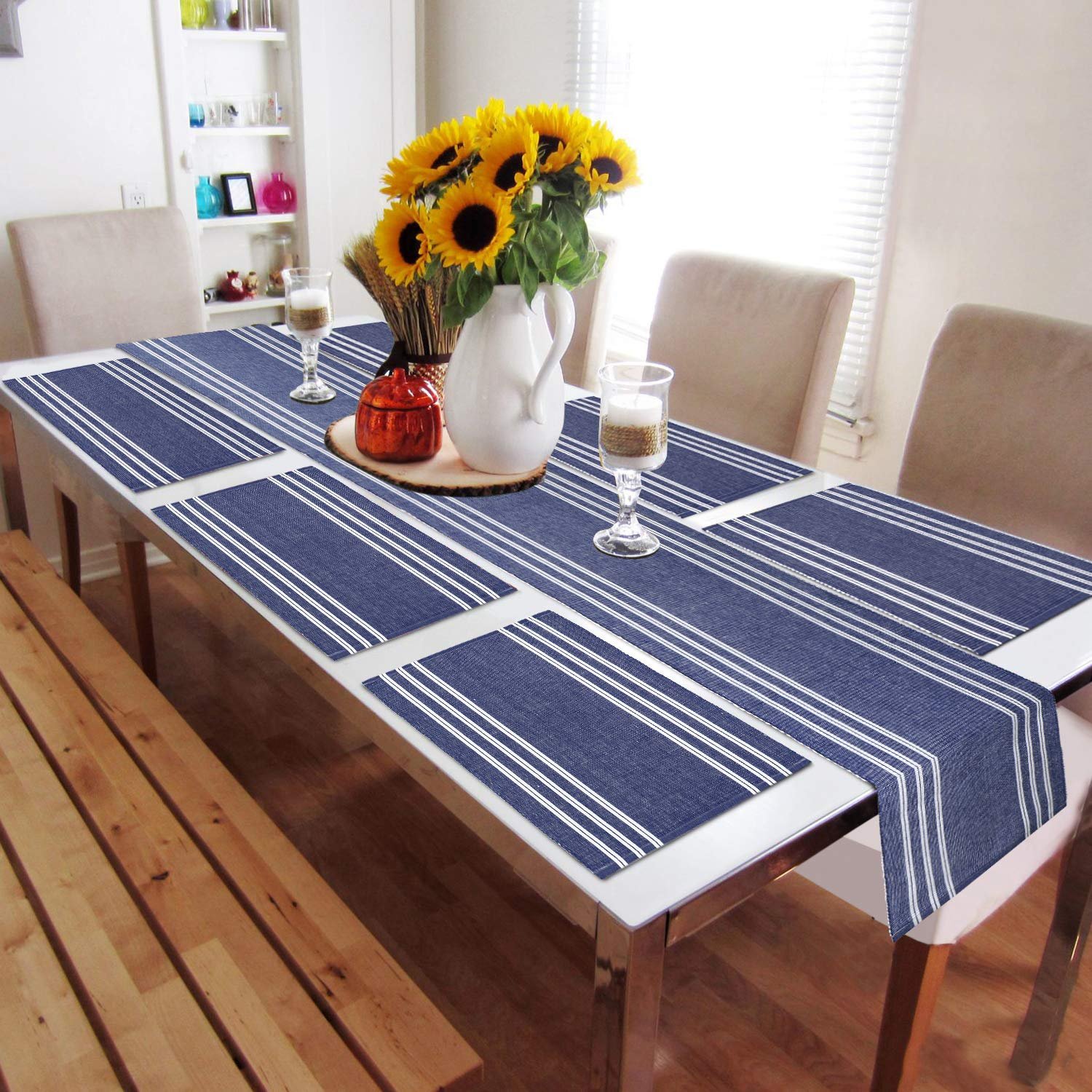 Cotton Ribbed Washable 6 Table Mats with Runner, Blue