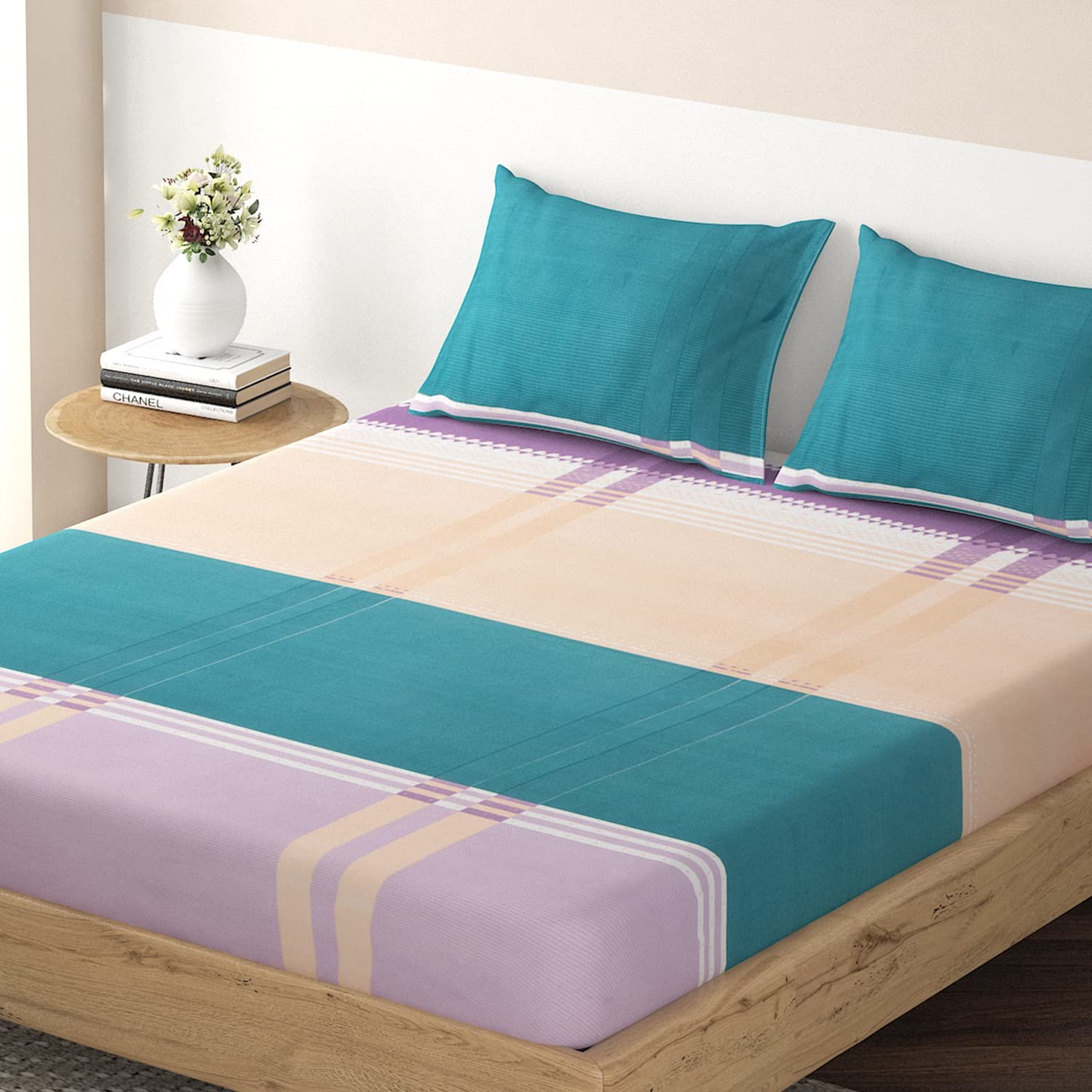 Premium Brushed Microfiber 135 GSM Fitted Bedsheets Queen Size - Teal Blue Checks | 78 x 60 inches | 2 Pillow Covers Included | Soft & Durable