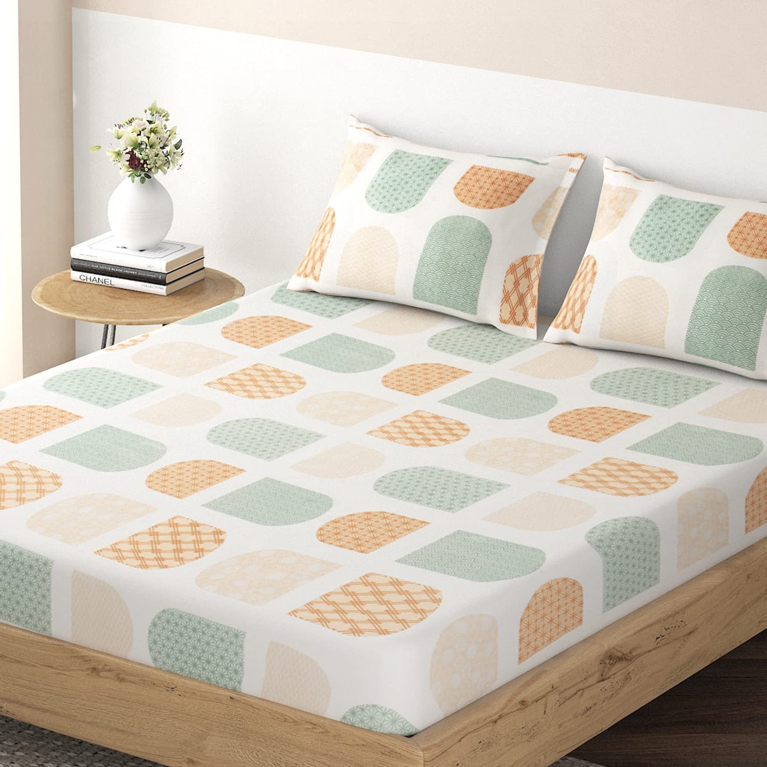 Premium Brushed Microfiber 135 GSM Fitted Bedsheets Queen Size - Intricate U Cream | 78 x 60 inches | 2 Pillow Covers Included | Soft & Durable