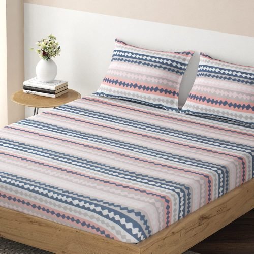 Premium Brushed Microfiber 135 GSM Fitted Bedsheets Queen Size - Spiral Stripes Aegean Blue | 78 x 60 inches | 2 Pillow Covers Included | Soft & Durable