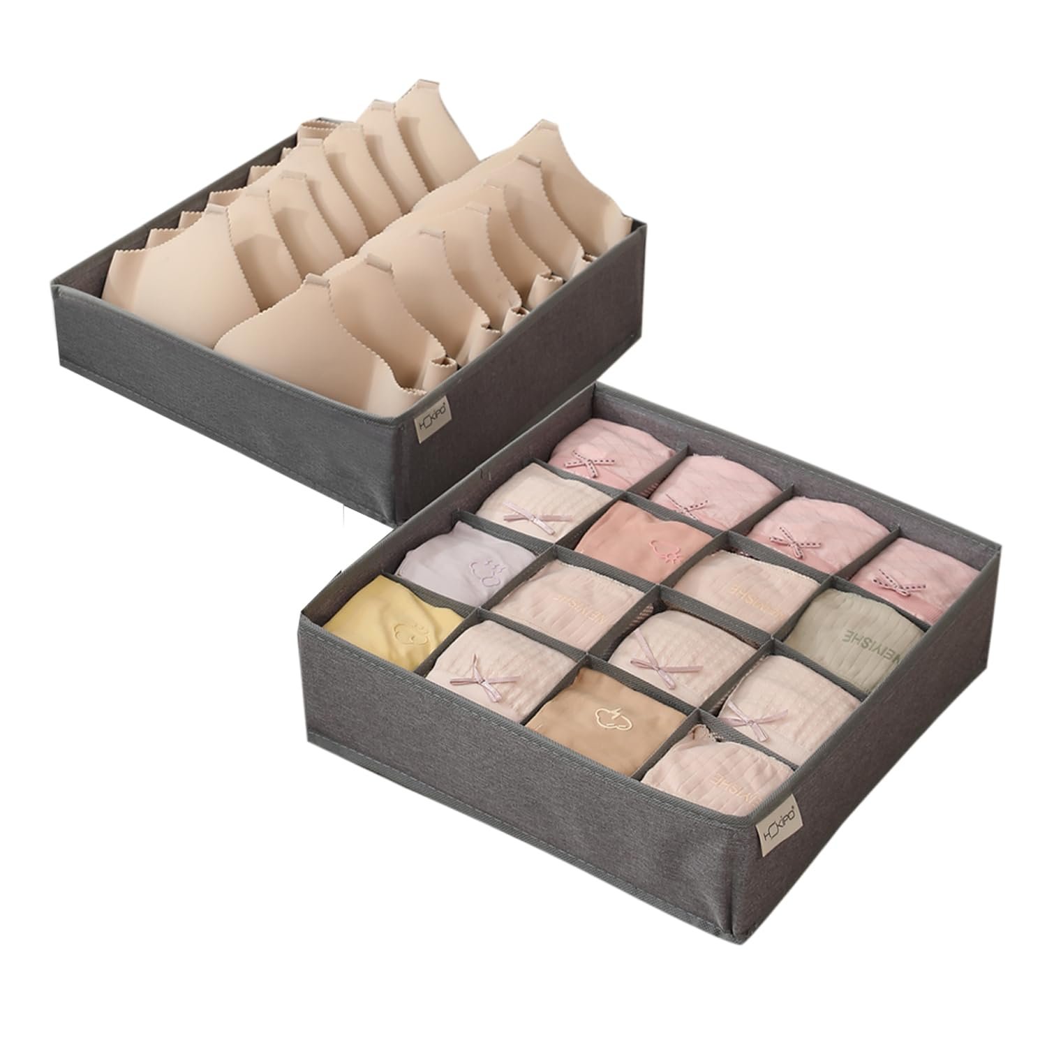 New Premium Undergarment Organizer Storage Box for Drawers Bra Panty Socks Tie Lingerie Organizer for Wardrobe, Pack of 4 (16x16x7x7), Grey