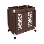 New Oxford Fabric Sorter Laundry Basket with Wheels | 2 Compartment Laundry Hamper with Lid Cover | Rolling Laundry Clothes Basket Trolley, 65x61x35 cm, Brown