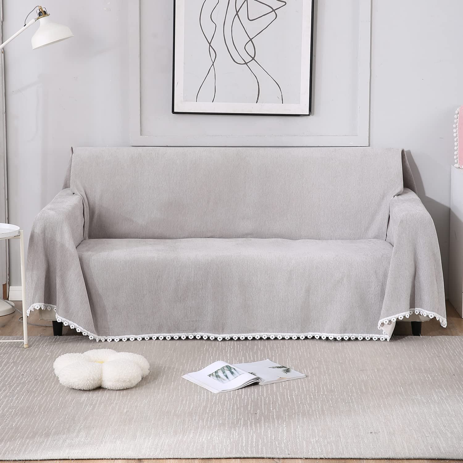 Three Seater - Luxury Fully Covered Sofa Cover – 100% Chenille, Thick & Soft, Universal Fit Throw – Grey, All Seasons, Machine Washable, Pet Friendly