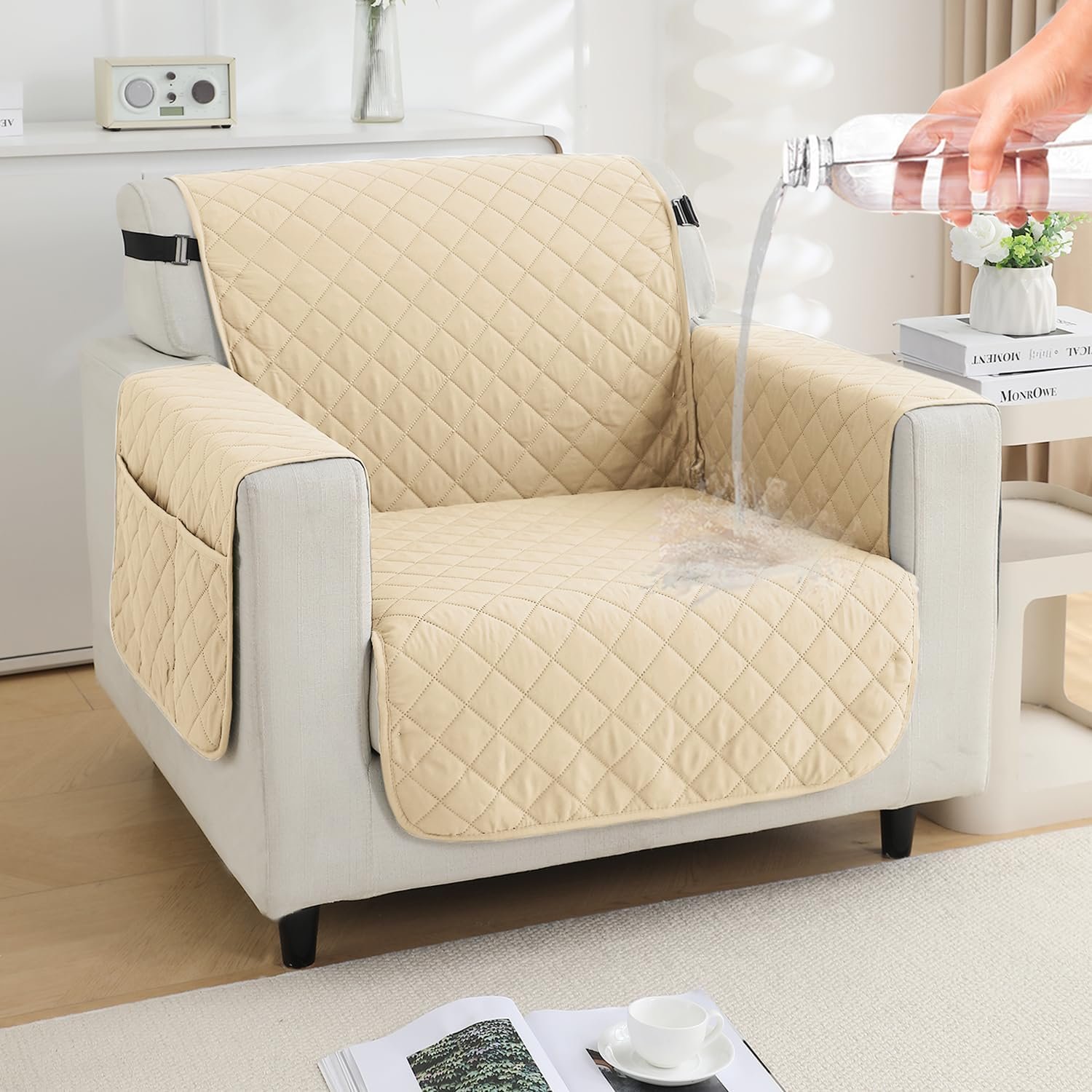 Quilted Sofa Protector – Beige Waterproof & Quick-Dry Sofa Mat with TPU Layer and Armrest Pockets