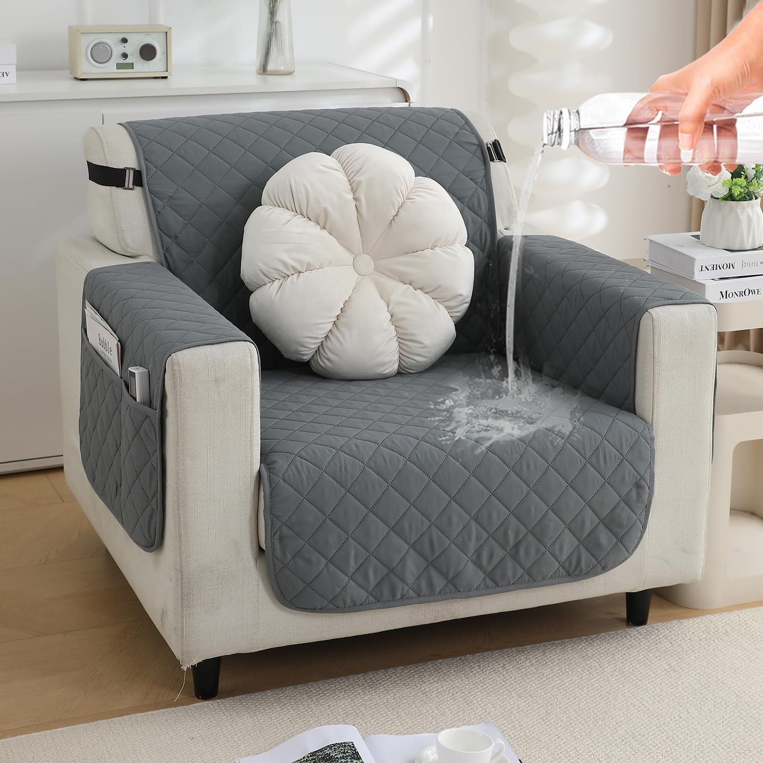 Waterproof Sofa Cover – Water Repellent Quick-Dry Sofa Protector Mat with Armrest Pockets | Dark Grey