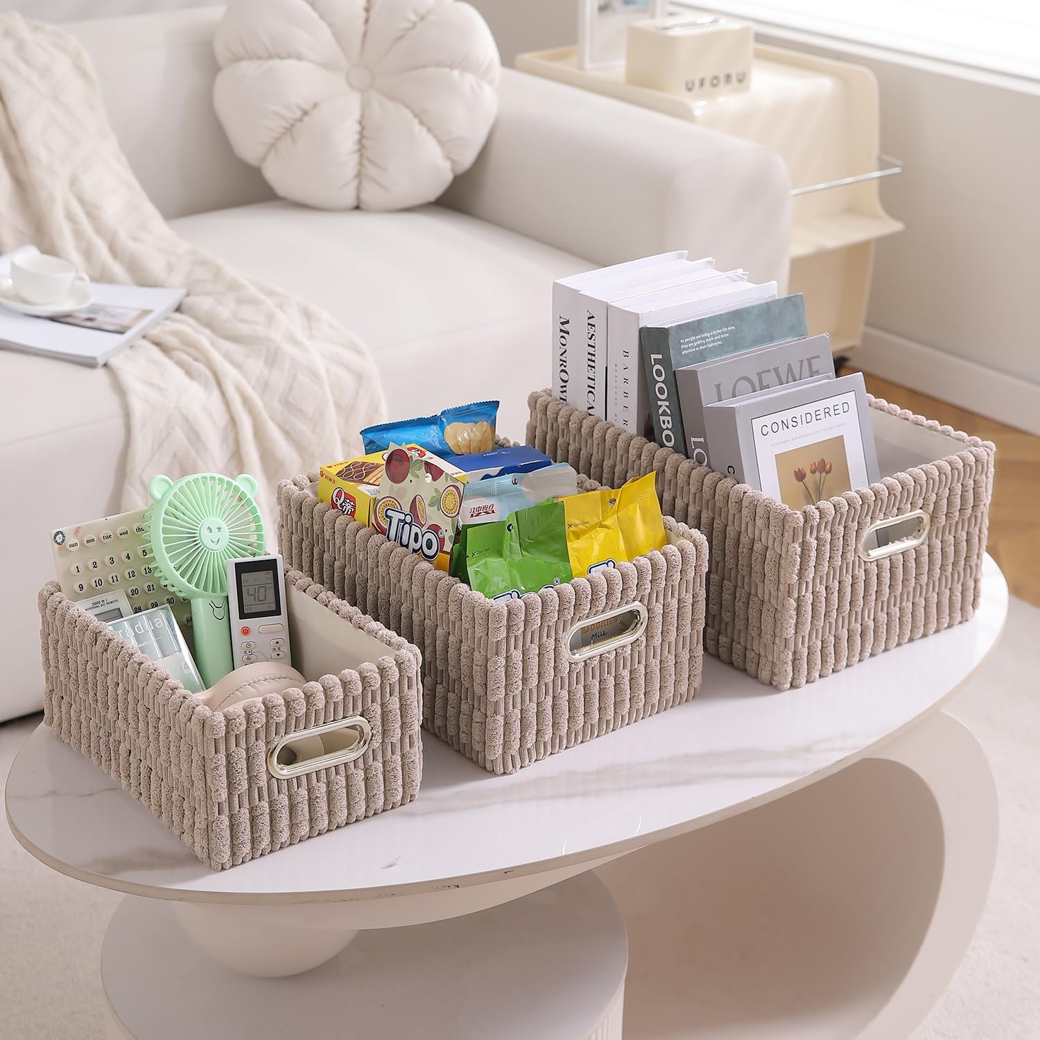 Plush Storage Organizer Baskets for Home – Set of 3 (Latte Coffee, Durable Fabric & Foldable)