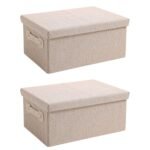 HK-CBB-LID-BG1 Exclusive Cardboard & Linen Foldable Storage Box with Lid – Beige (Pack of 2)