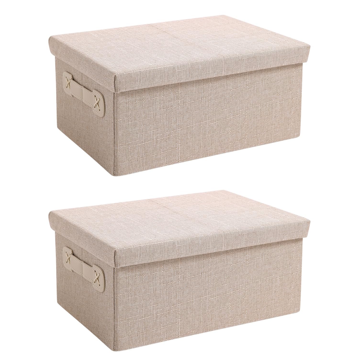 HK-CBB-LID-BG1 Exclusive Cardboard & Linen Foldable Storage Box with Lid – Beige (Pack of 2)