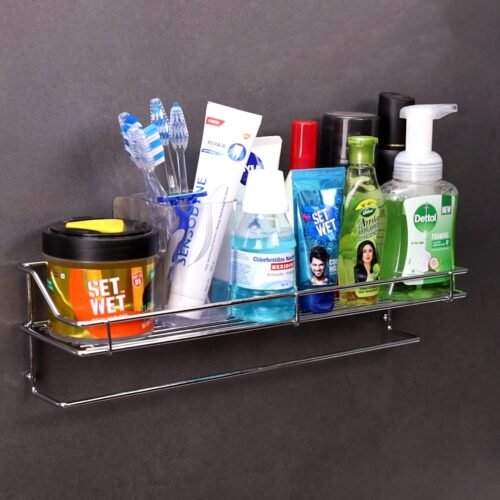 Self Adhesive Chrome Plated Kitchen & Bathroom Shelf with Towel Holder – Magic Sticker Series, No Drill Wall Mounted Rack