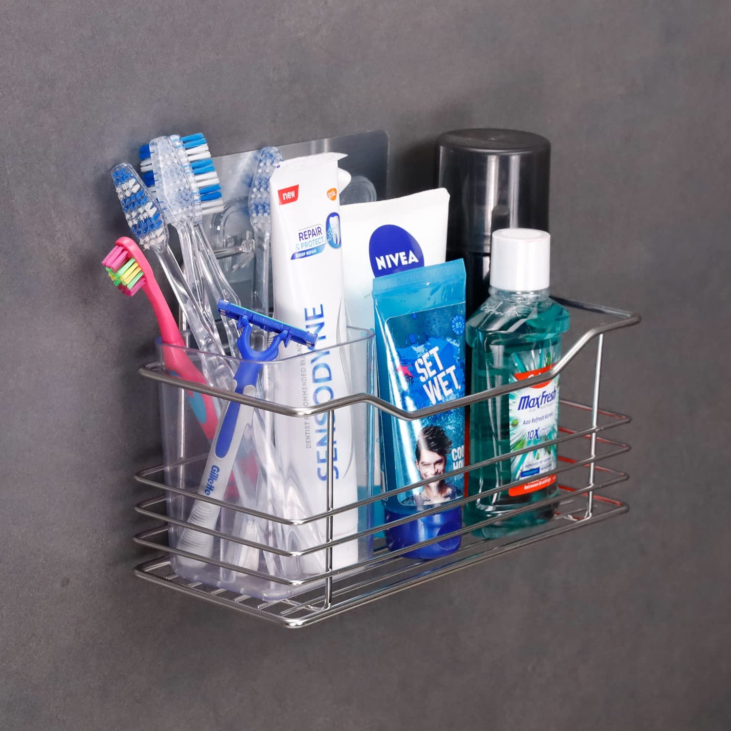 Stainless Steel Self-Adhesive Bathroom & Kitchen Shelf | Magic Sticker Wall Mounted Organizer 22 x 9.5 cm, Silver